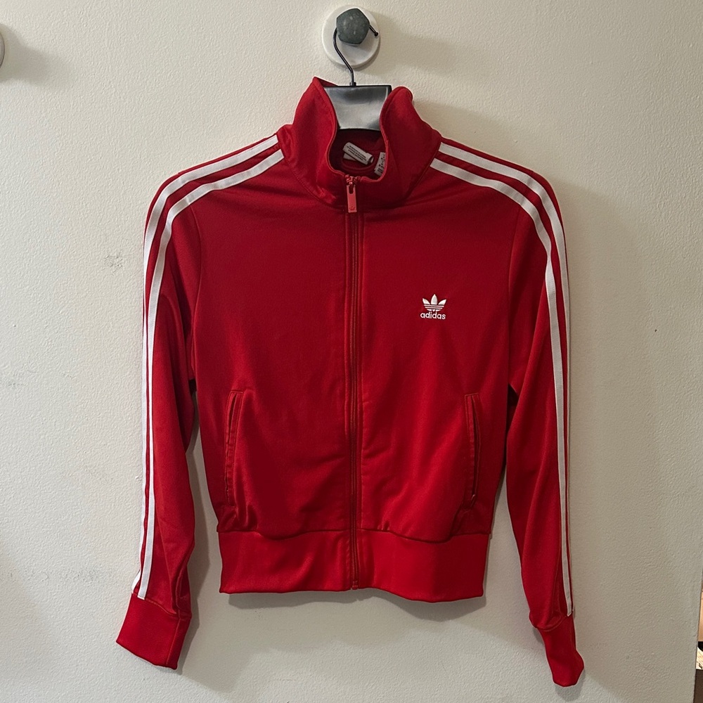 Adidas Red Zip-Up Jacket with White Stripes